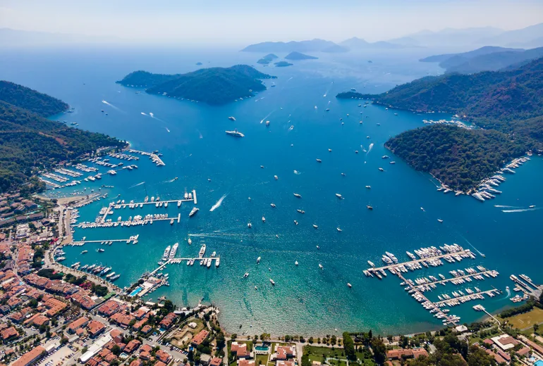 Gocek bay and its marinas surrounded by pine hills, Turkiye